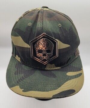 4350 District Mens Camo Gold Hat Cap Snap Back SKULL AOP Brim Patch Metal Badge